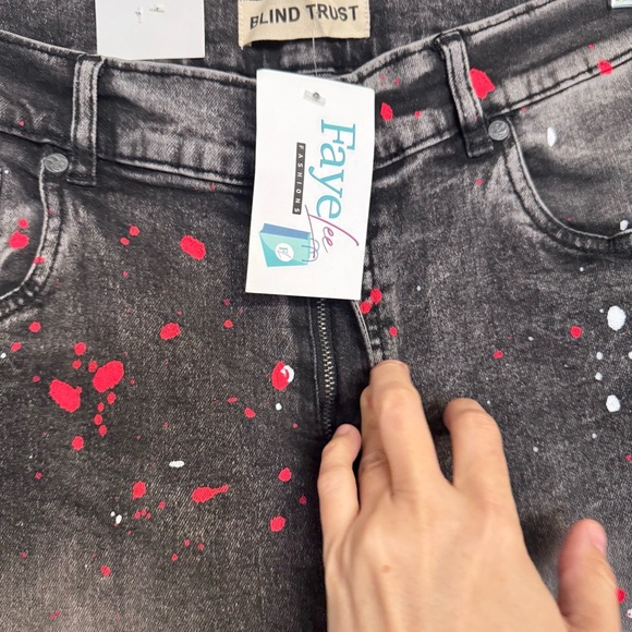 Blind Trust Black Jeans Paint Splatter Slim Fit Red And White 38x34 Hip Hop NEW - Picture 7 of 16